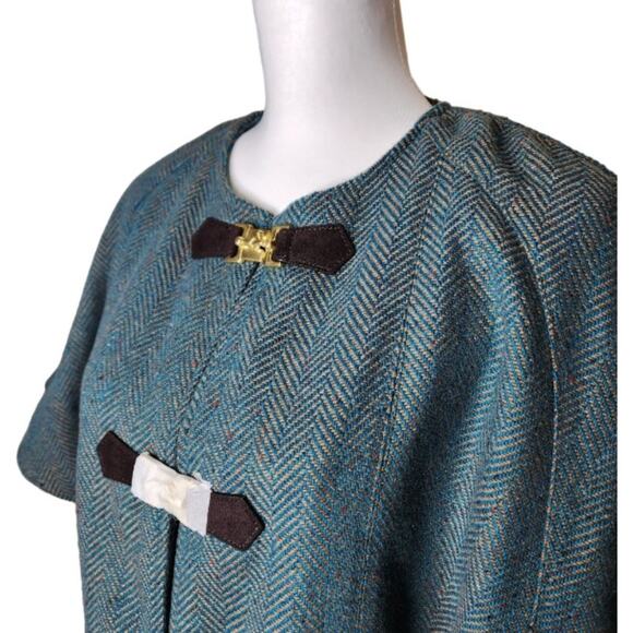 Soft Surroundings Hampstead Tweed Wool Herringbone Cape Toggle Teal Coat Size M - Picture 2 of 15